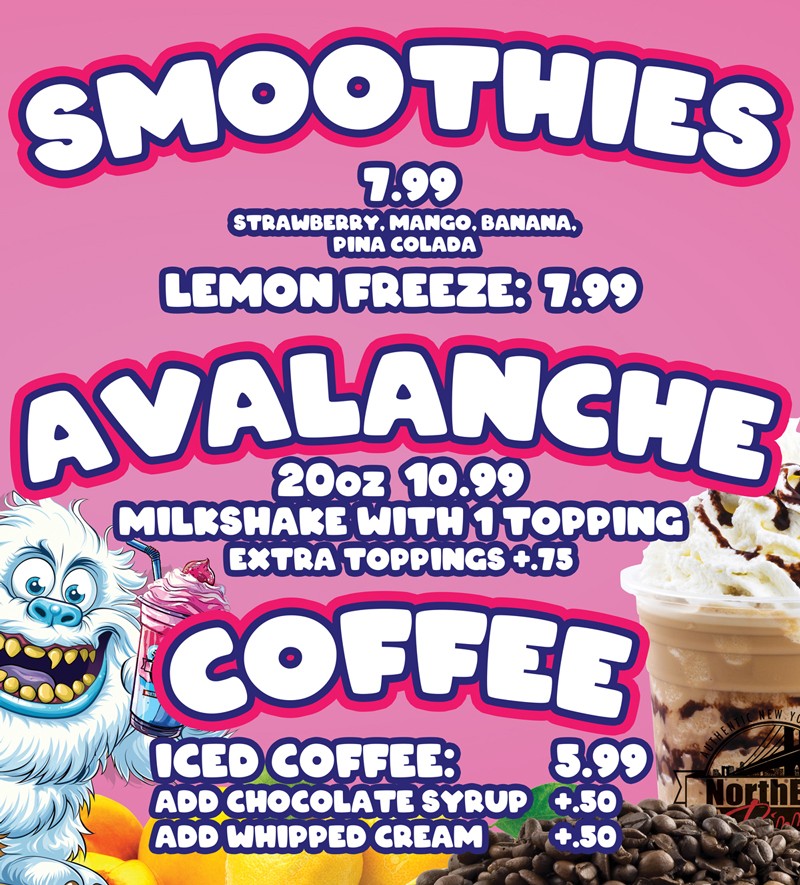 Milk shakes, fruit smoothies, Crazy Creamers giant ice cream sandwiches, famous Avalanche milk shake with toppings, ice cream floats, and iced coffee drinks from North End Pizza in Virginia Beach, VA