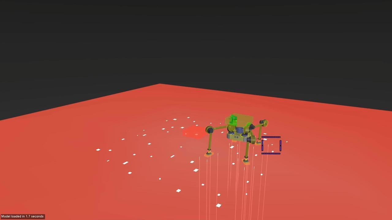 A simulation showing the quadrupedal robot walking stably on a rough surface scattered with welding spatter (the metallic debris from welding.