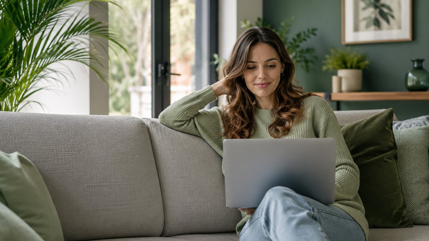 A stylish woman in her mid-30s sits comfortably on a light gray sofa while working on a laptop in a bright, modern living room. She wears a soft green sweater and jeans, surrounded by lush indoor plants, green accent pillows, and elegant minimalist decor. Natural daylight streams through large windows, creating a calm, cozy, and high-end atmosphere with earthy green tones throughout the space.