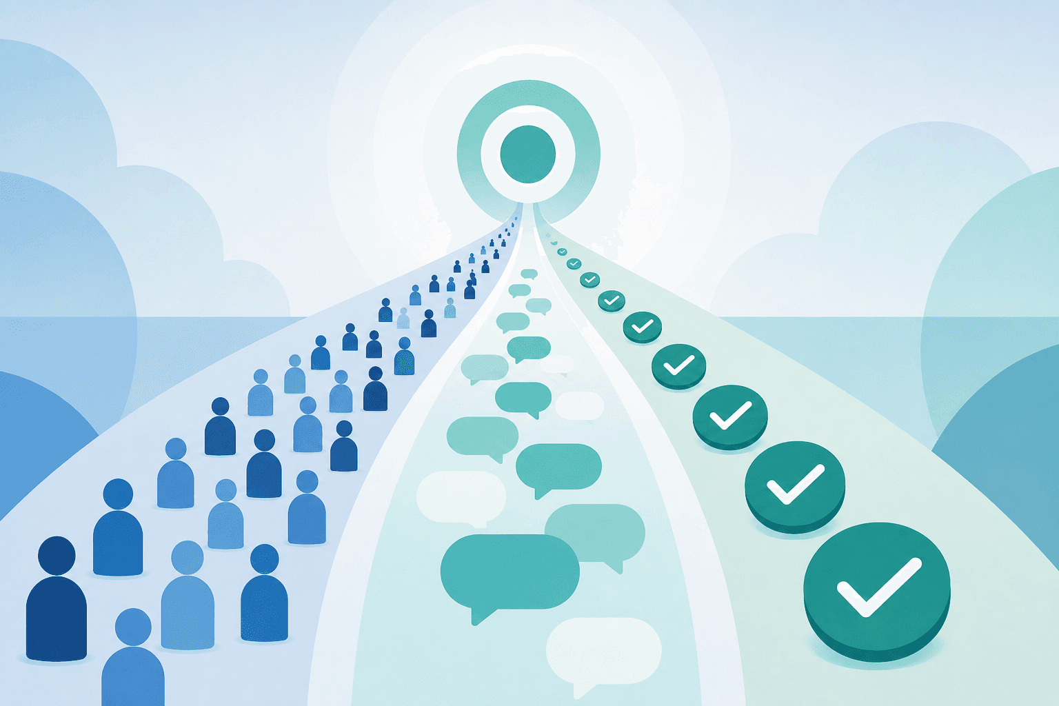 Three distinct pathways or tracks converging toward a single goal, representing three different pricing models for AI support services. Abstract minimalist illustration with clean geometric shapes. First path shows many individual human figures (per-seat). Second path shows a stream of conversation bubbles (per-conversation). Third path shows a checkmark or resolved ticket icon (per-resolution). Modern flat design, blue and teal color palette, no text or labels anywhere in the image.