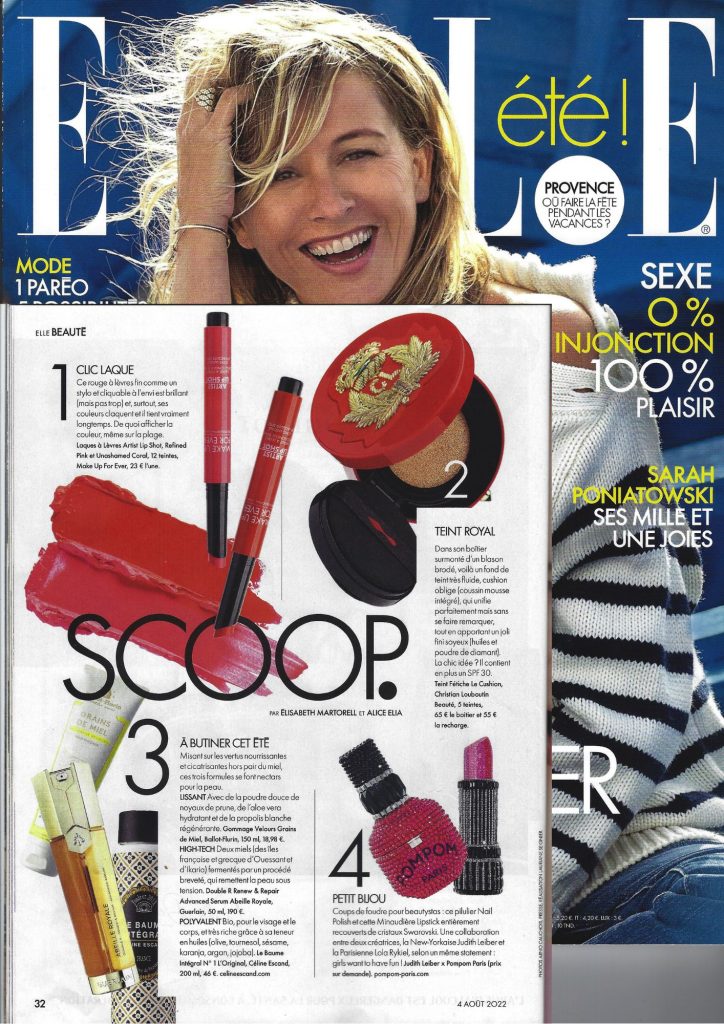 Magazine ELLE rubrique beauté présentant Le Baume Intégral dans la sélection estivale, soin bio made in Provence parmi les produits coup de cœur