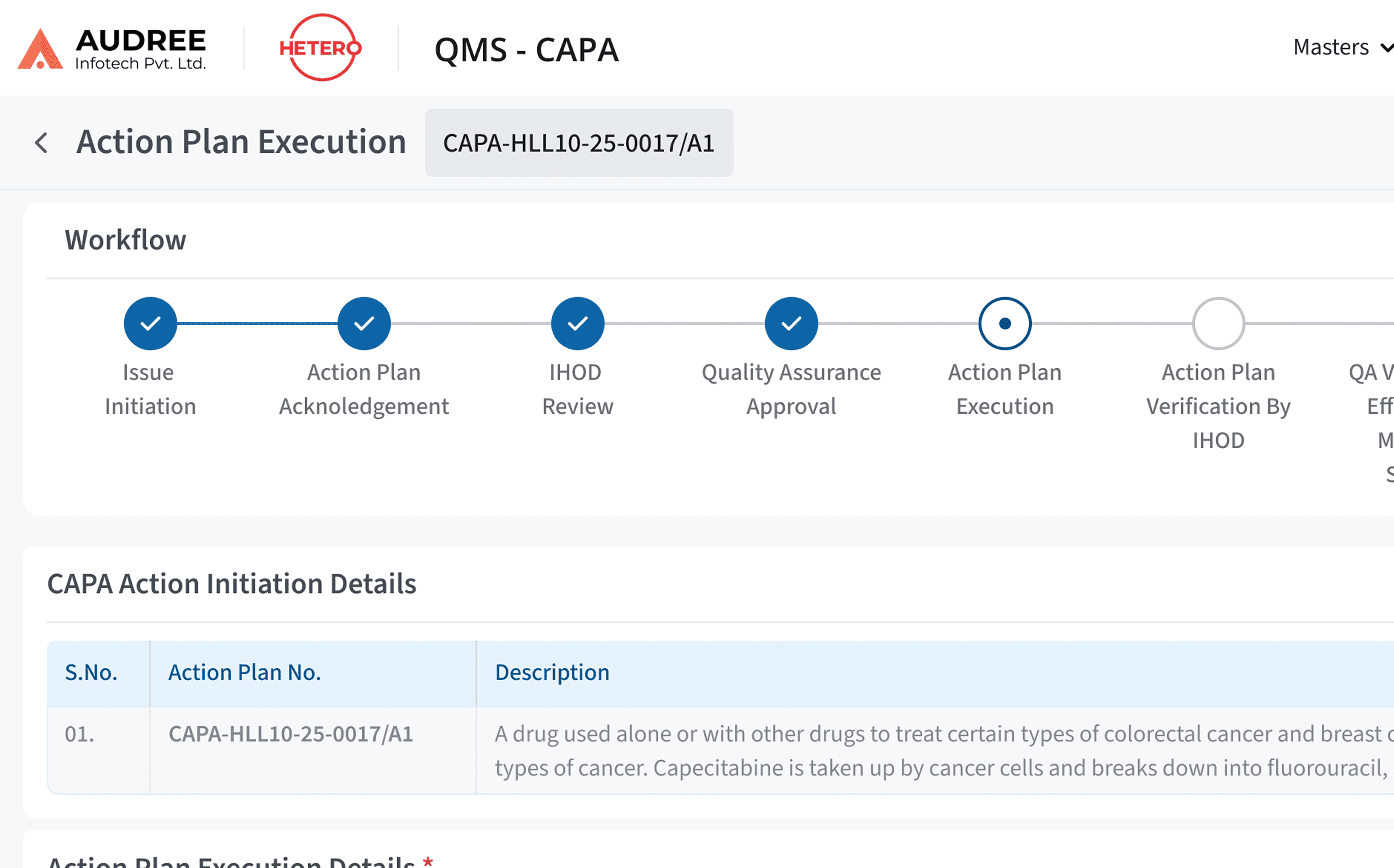 CAPA execution workflow progress interface
