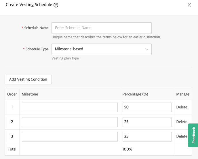 You can create a milestone vesting schedule reflecting performance indicators or KPIs of your choice.