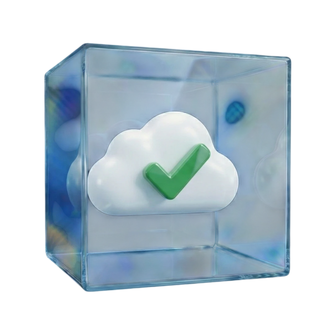 3D-Illustration einer weißen Cloud mit einem grünen Häkchen in einem transparenten Glaswürfel, die symbolisch für die Sicherheit der cloudbasierten PIM-Plattform und deren transparentes Alles-inklusive-Preismodell ohne versteckte Kosten steht.