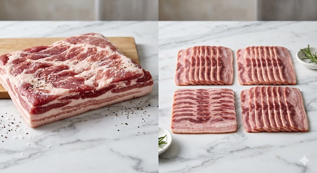 A comparison of raw pork belly and neat, pre-sliced turkey bacon strips side-by-side on a marble countertop.