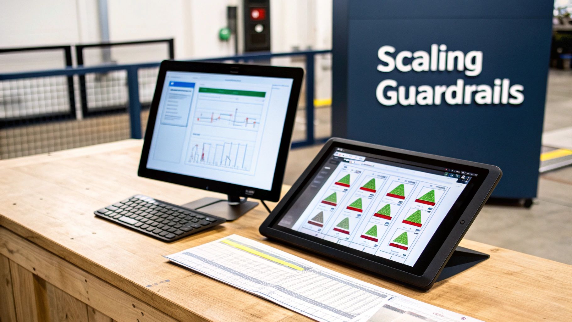 Two computer screens on a wooden desk display data visualizations and charts, with a 'Scaling Guardrails' sign in the background.