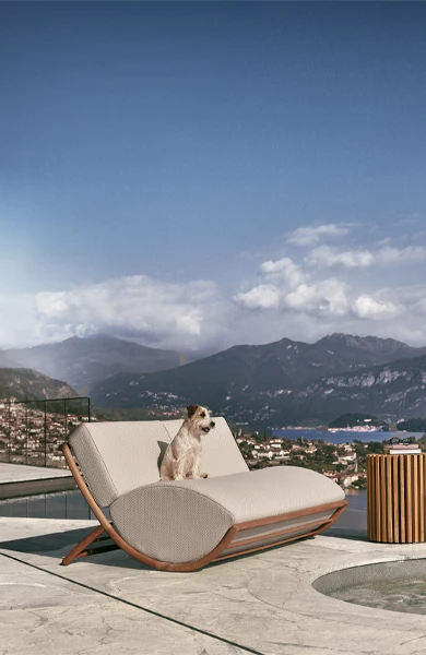 side view of luxury outdoor sofa with single seat cushion and two removable backrest cushions, crafted with a solid wood frame and weather-resistant fabric – refined design for elegant open-air environments
