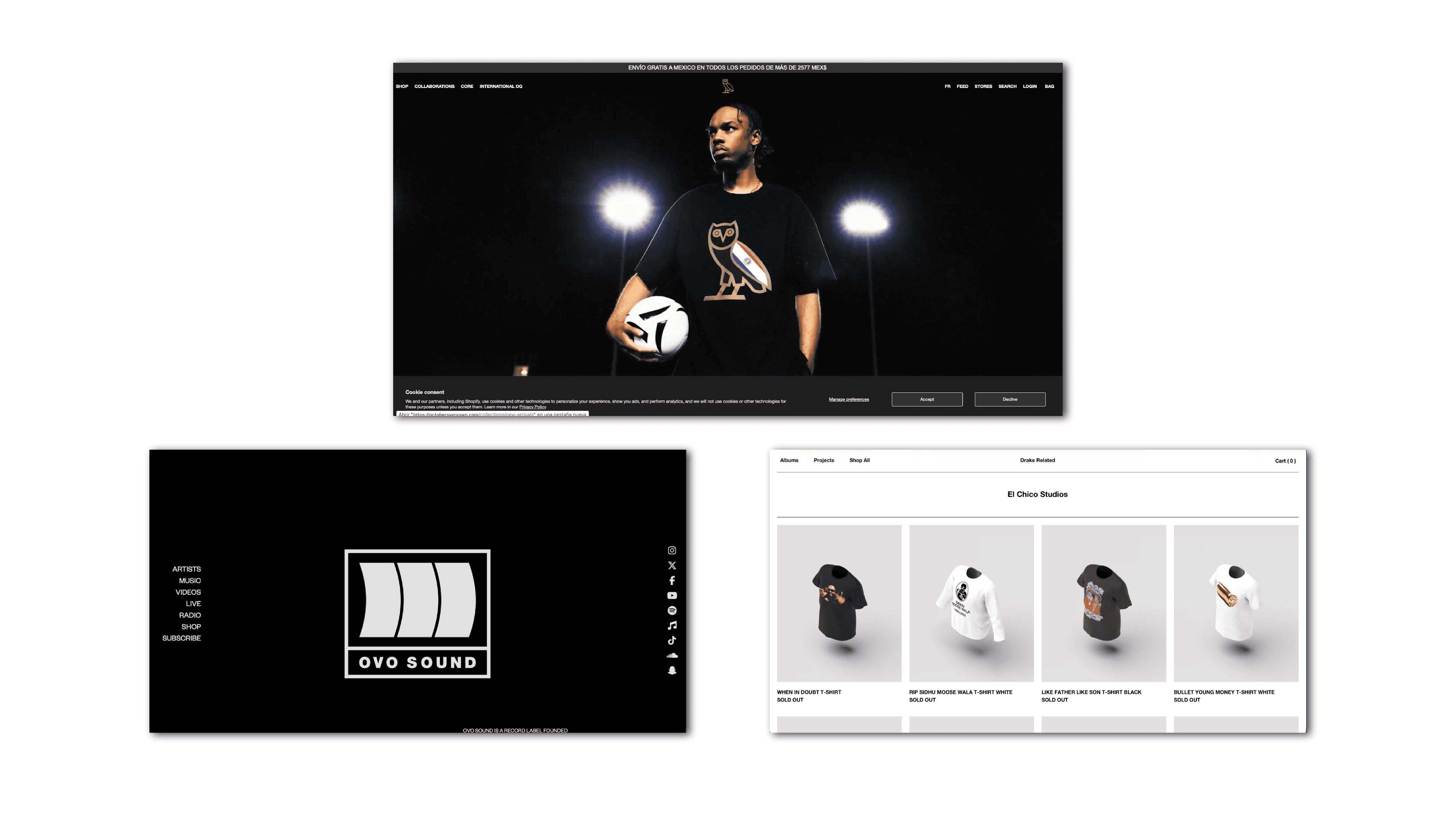 Drake Related website collage shows the homepage, OVO Sound menu, and merchandise shop pages.