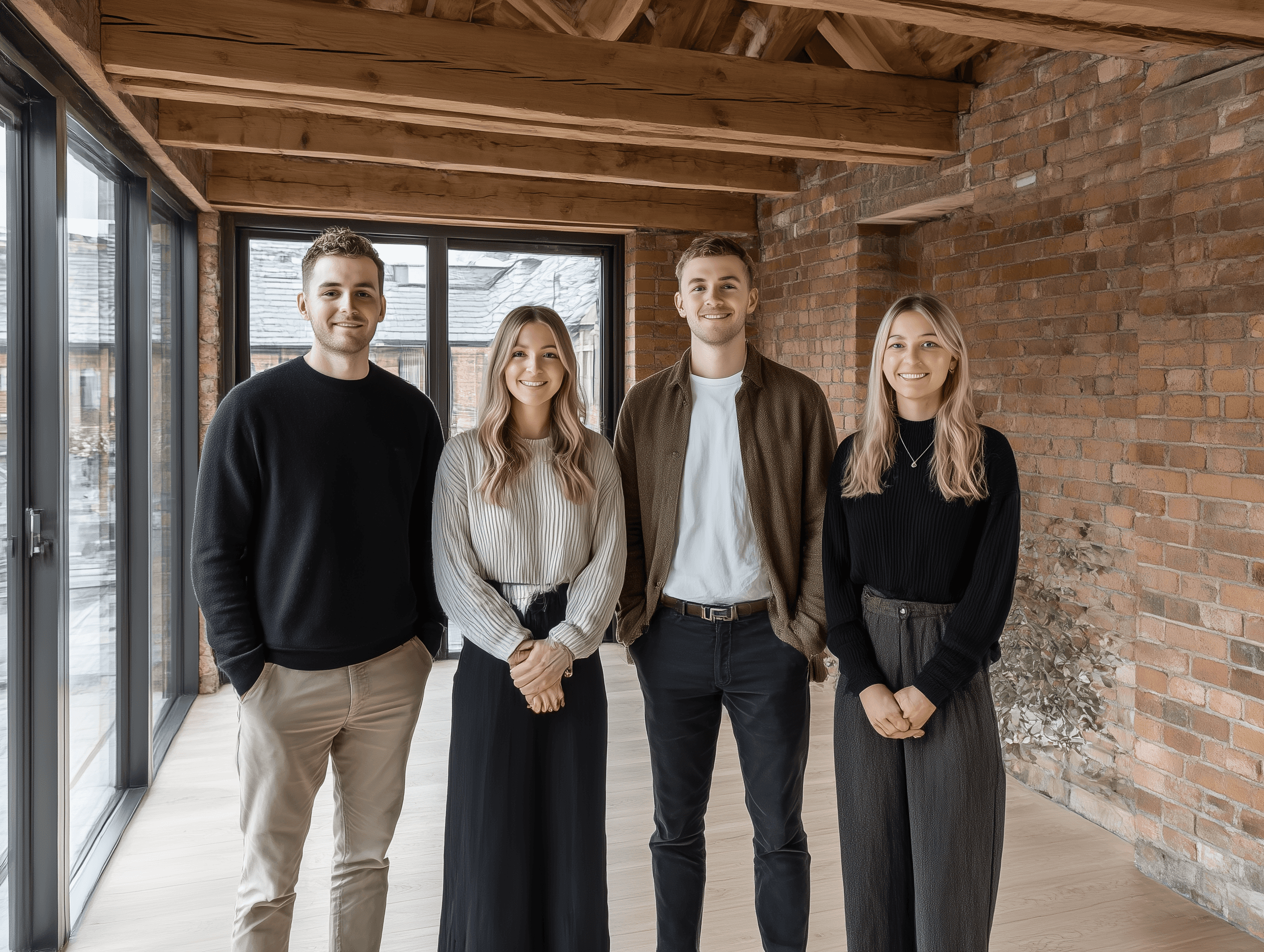 Four young professionals standing together in a modern, industrial-style office space.