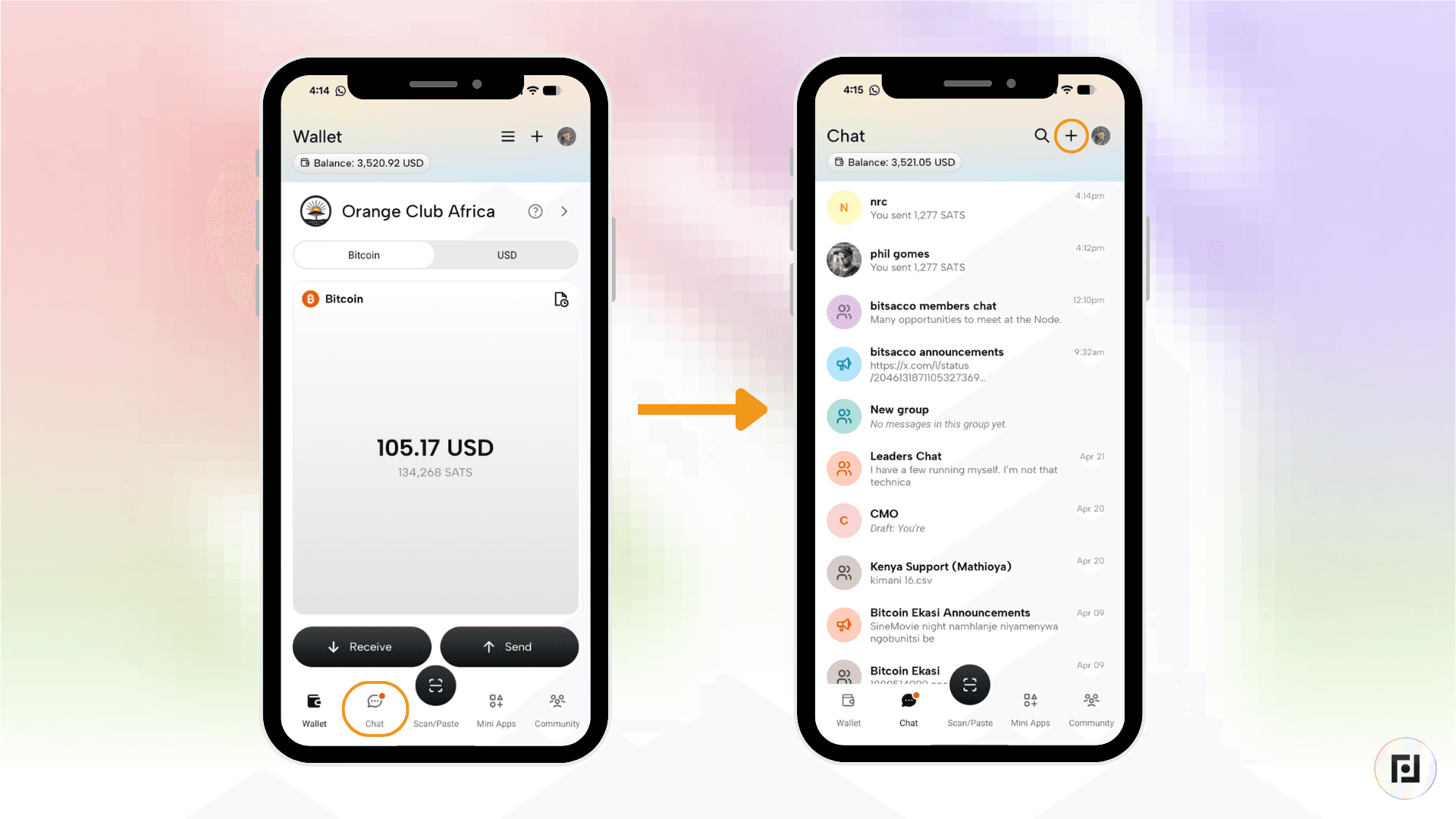 Tela inicial da carteira do aplicativo Fedi mostrando o saldo em Bitcoin e em dólares americanos, com um botão para acessar a aba “Chat” e começar a criar um grupo Multispend