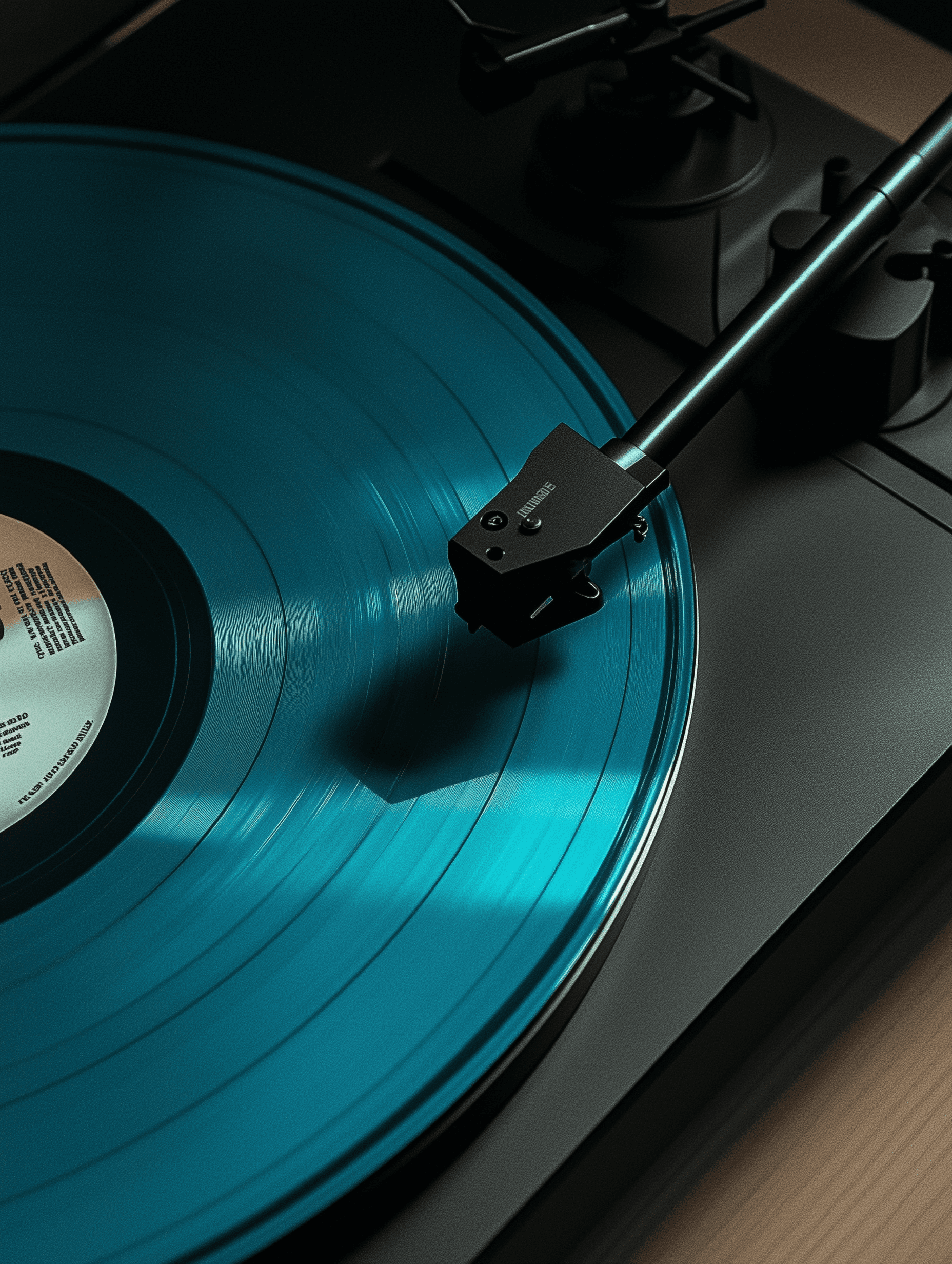 A close-up of a vinyl record player, Close-up view of a minimalistic turntable with a blue vinyl record, die-cut stamping from teal paper with a white circle in the center. The style of the design reflects a minimalist aesthetic with clean lines and flat color blocks, high-angle close-up photograph of a blue vinyl record on a black turntable, minimalistic aesthetic style background with a black and teal color palette., with no other objects in the picture. The focus should be on the velvety vinyl and the hand-aged