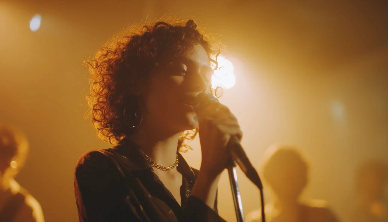 Female singer on stage lit by warm orange spotlight