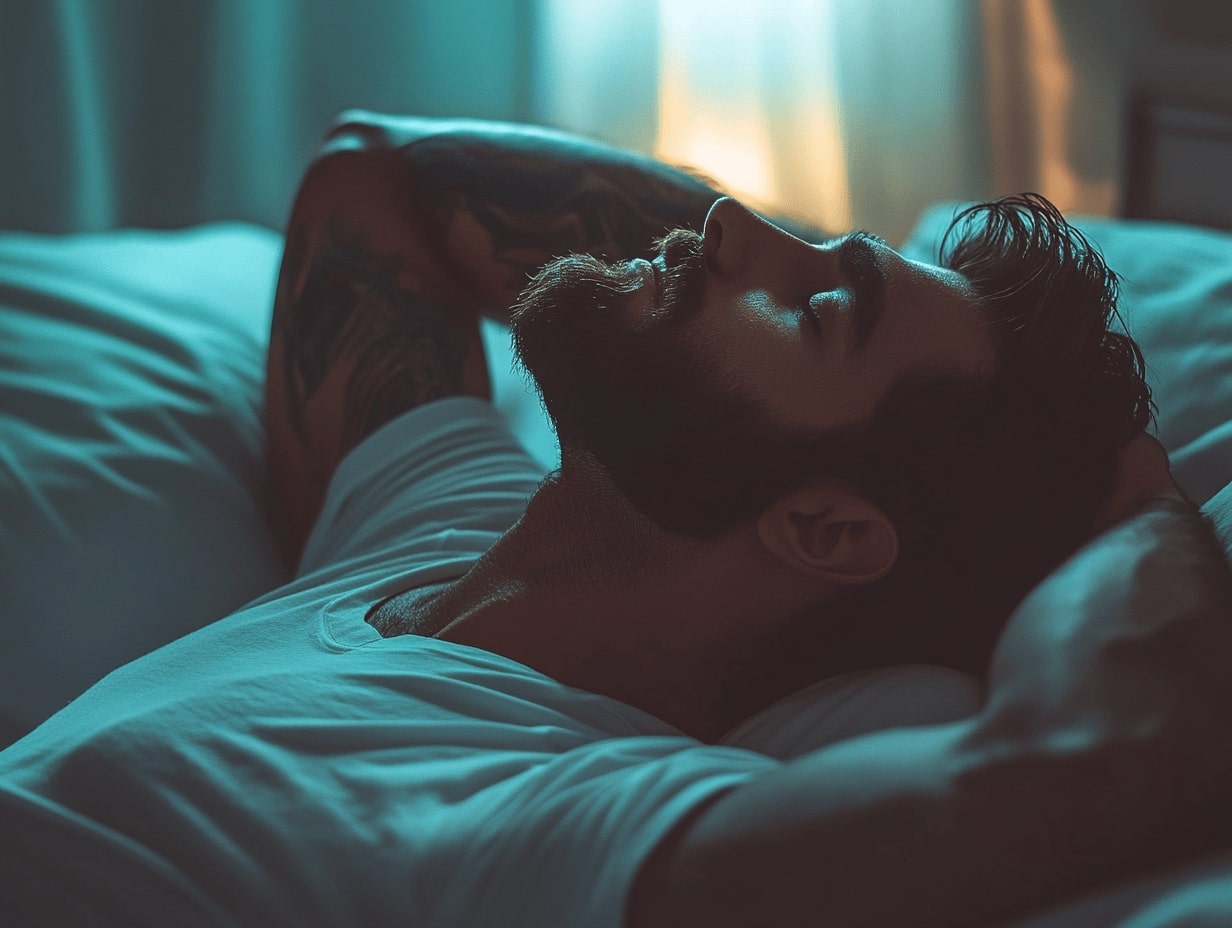 Handsome man laying on bed