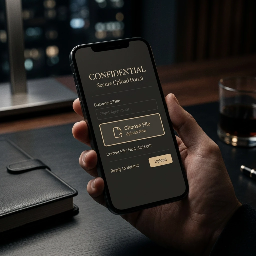 Hand holding a smartphone displaying a confidential watch loan estimate interface on a dark desk.