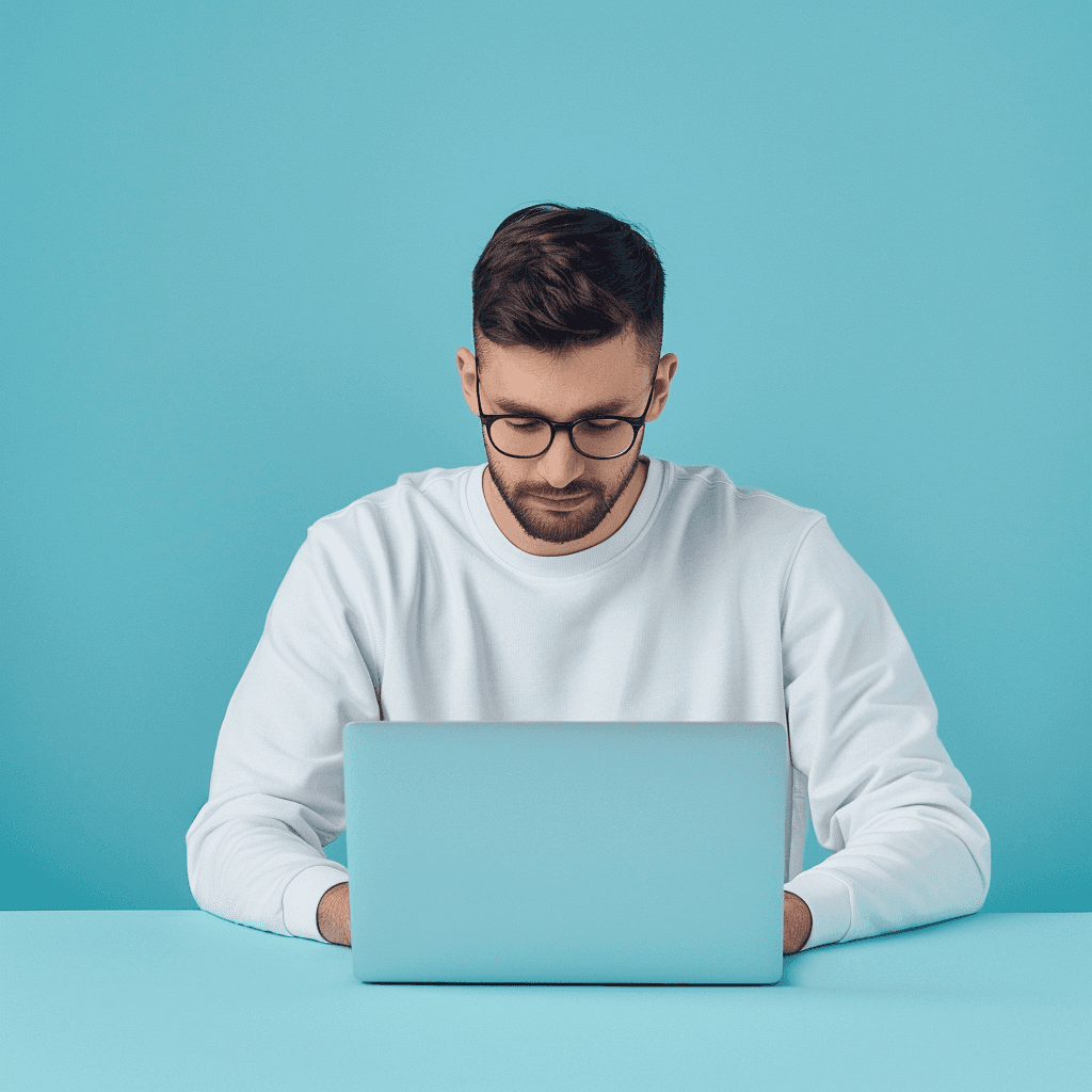 male wearing a VR with a blue background