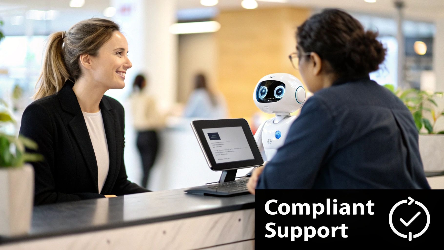 A smiling woman observes a white AI robot assisting a customer at a modern reception desk.