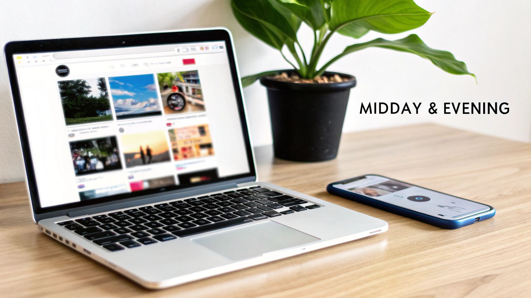 Laptop showing photos, smartphone, and potted plant on a light wooden table.