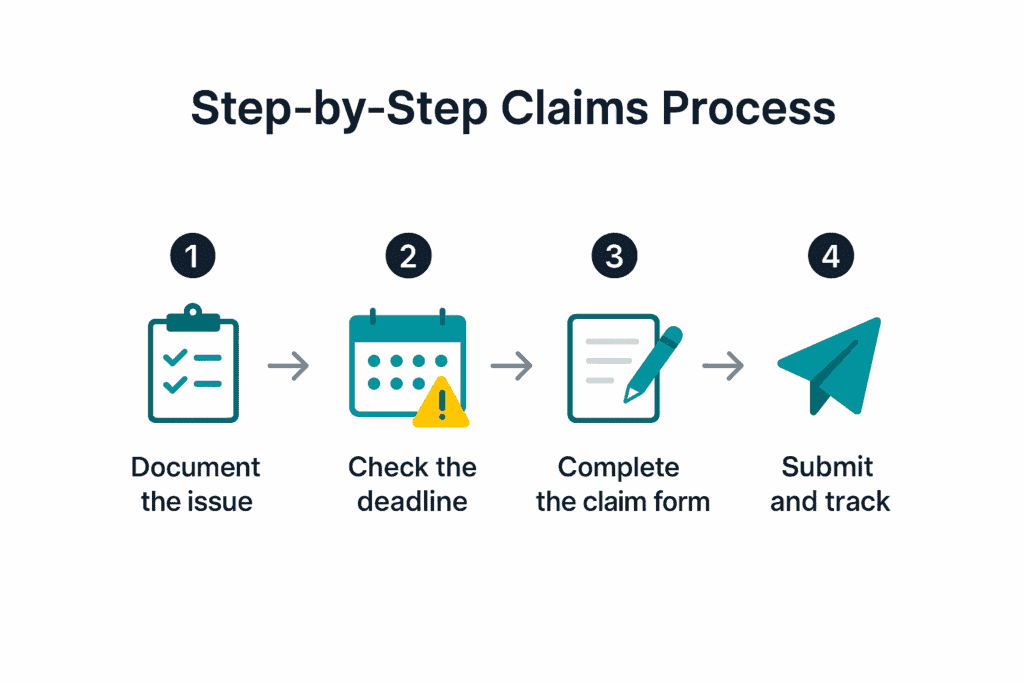 Infographic showing the claims process: step 1: document the issue. Step 2: check the deadline. Step 3: complete the claim form. Step 4: Submit and track