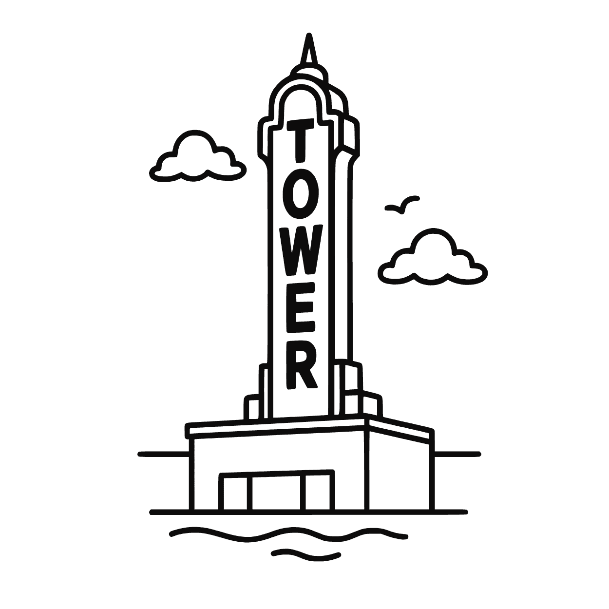 Esta ilustração retrata um arranha-céu alto e estilizado, rotulado como "TOWER", cercado por nuvens e pássaros flutuantes, com uma base sólida na parte inferior, destacada por linhas fluidas que sugerem movimento ou vento.