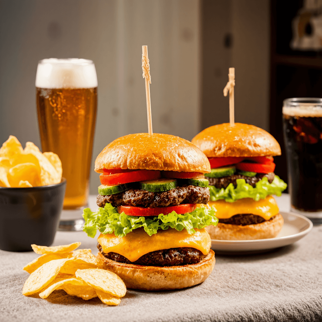 product photography of two burgers with sides and drinks