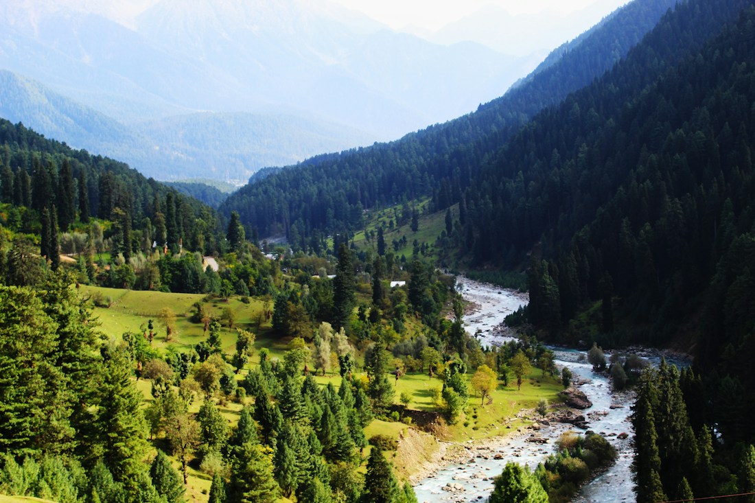 River and mountain landscape in Pahalgam