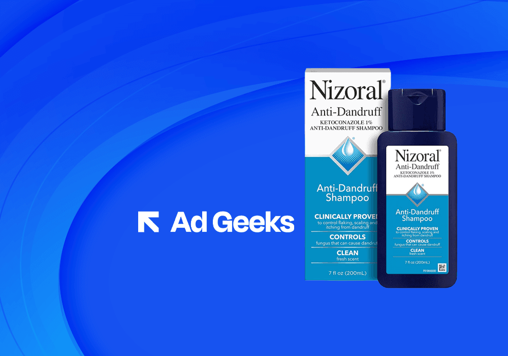A product-ad mockup against a white and dark-blue split background: centered is a 7 fl oz bottle and box of Nizoral Anti-Dandruff Shampoo (Ketoconazole 1%), with the GET DV360 logo beneath.