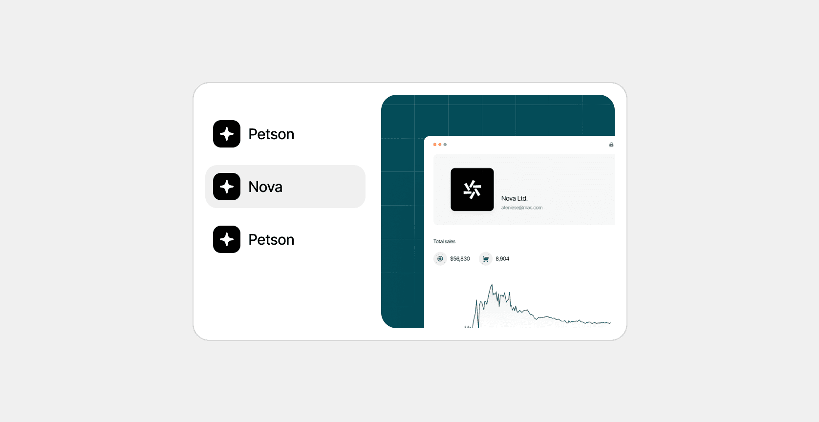 Interface preview showing project switcher and analytics dashboard