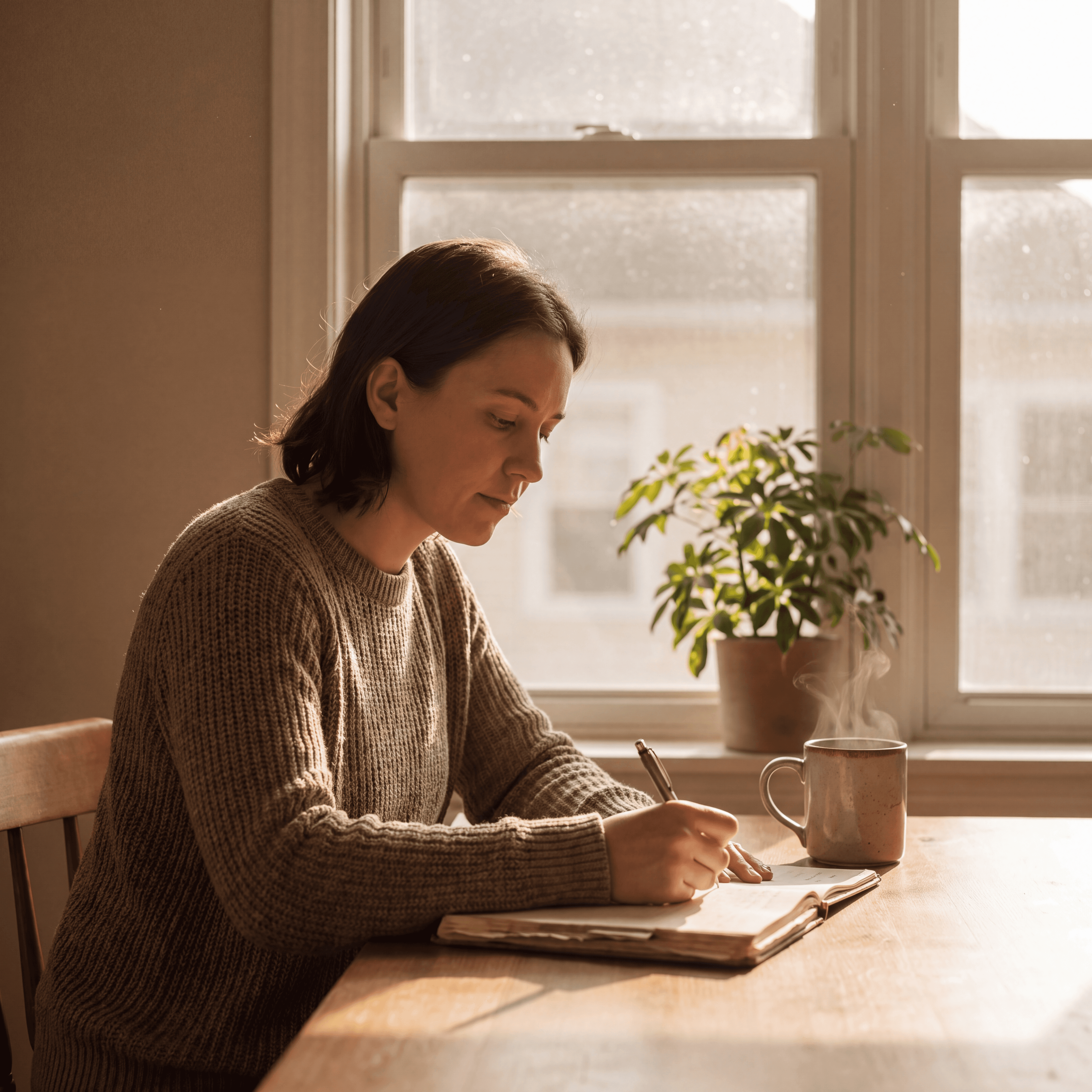 Woman writing in a journal at a sunny table