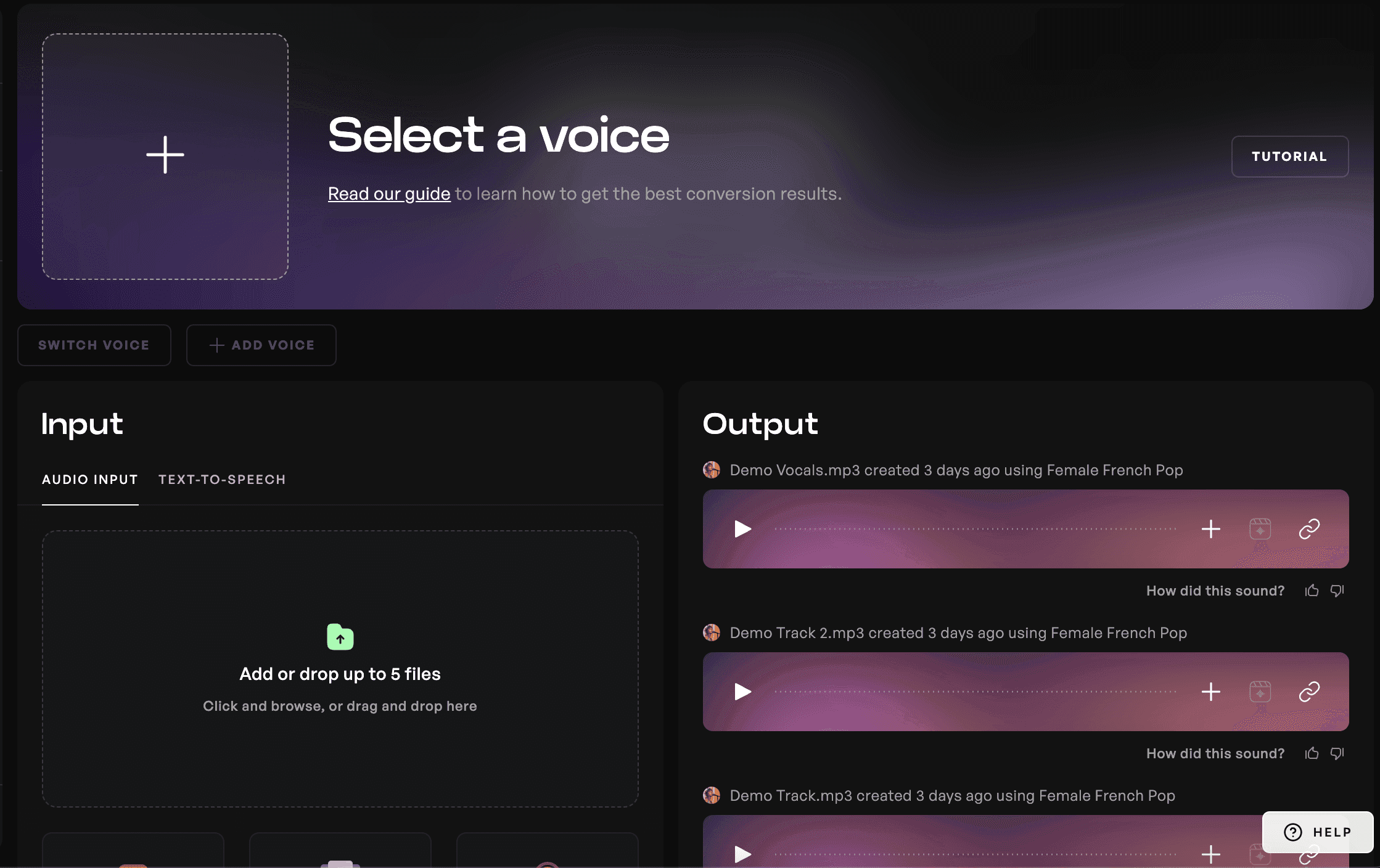 Kits AI voice conversion page with no model selected