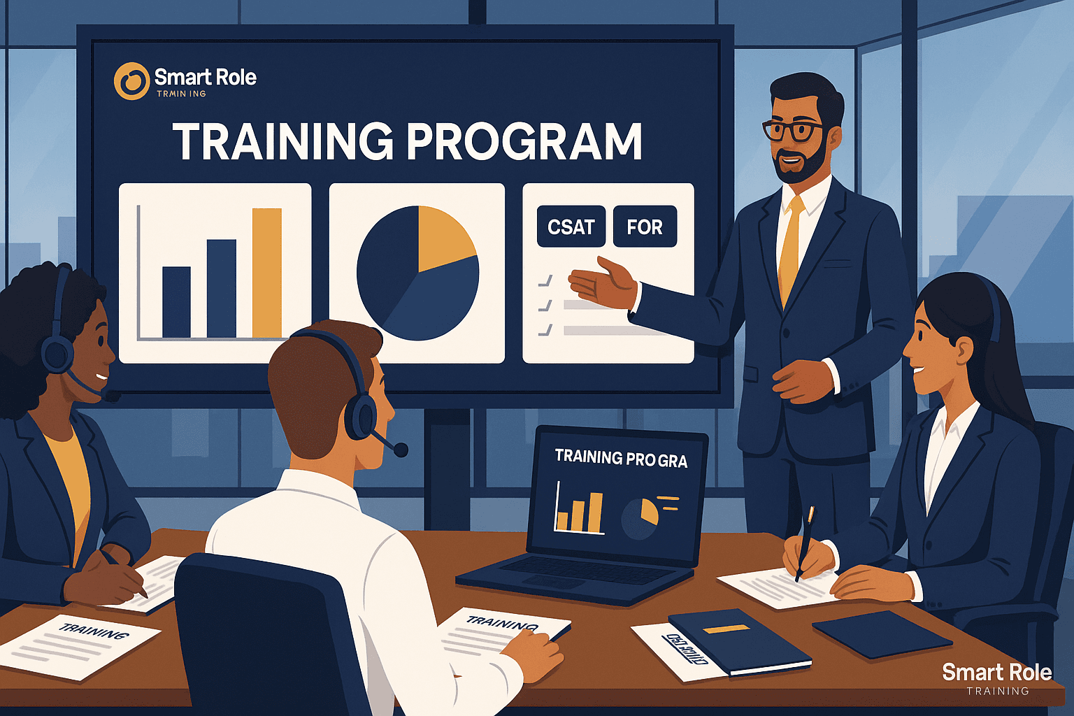Professional illustration of a customer service manager presenting a training program plan in a boardroom, with a screen showing KPIs like CSAT and FCR, using Smart Role’s strategic training tools.