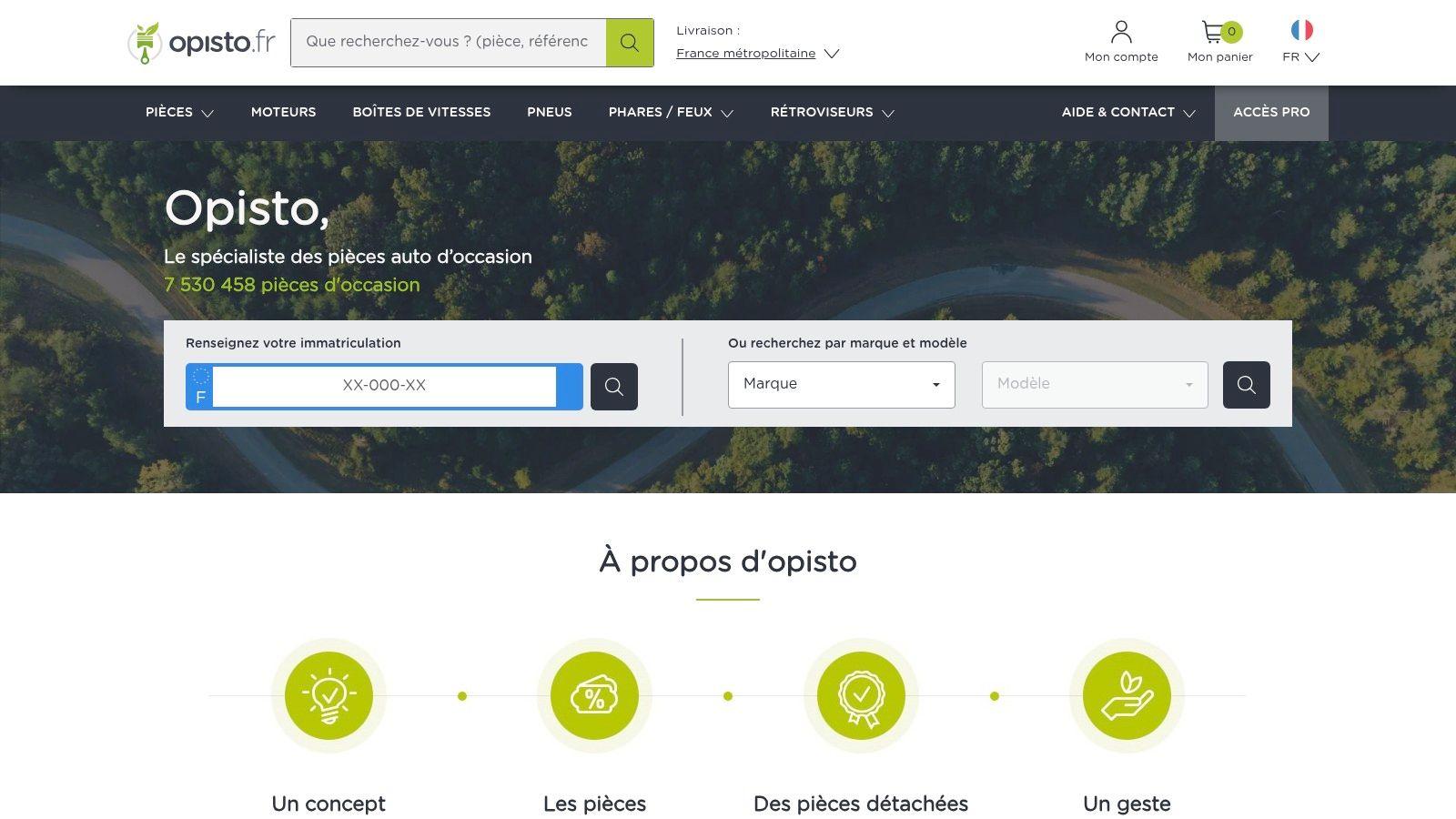 Interface du site web Opisto pour la recherche de pièces auto d'occasion
