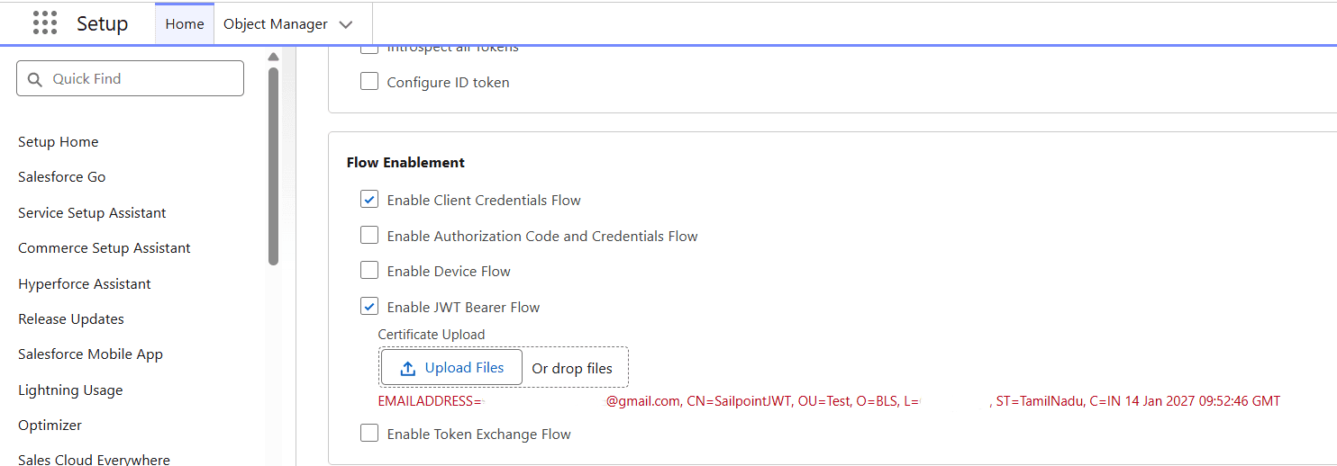 Salesforce Flow Enablement setup page showing 'Enable Client Credentials Flow' and 'Enable JWT Bearer Flow' selected with an uploaded certificate.