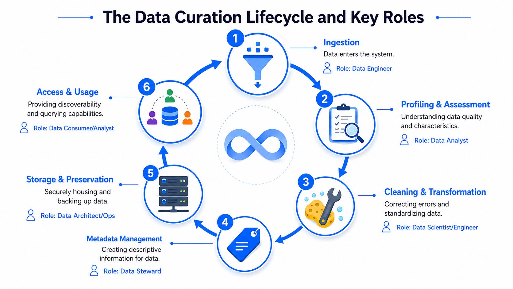 A circular infographic detailing the six stages of the data curation lifecycle with associated key professional roles.