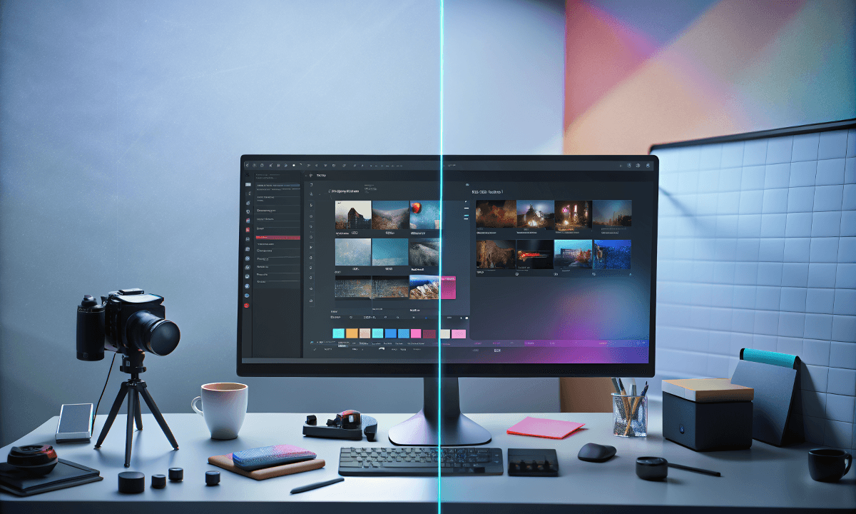 A creator’s desk setup with a camera and a monitor showing a video editing workspace, illustrating batch filming and AI editing workflow.