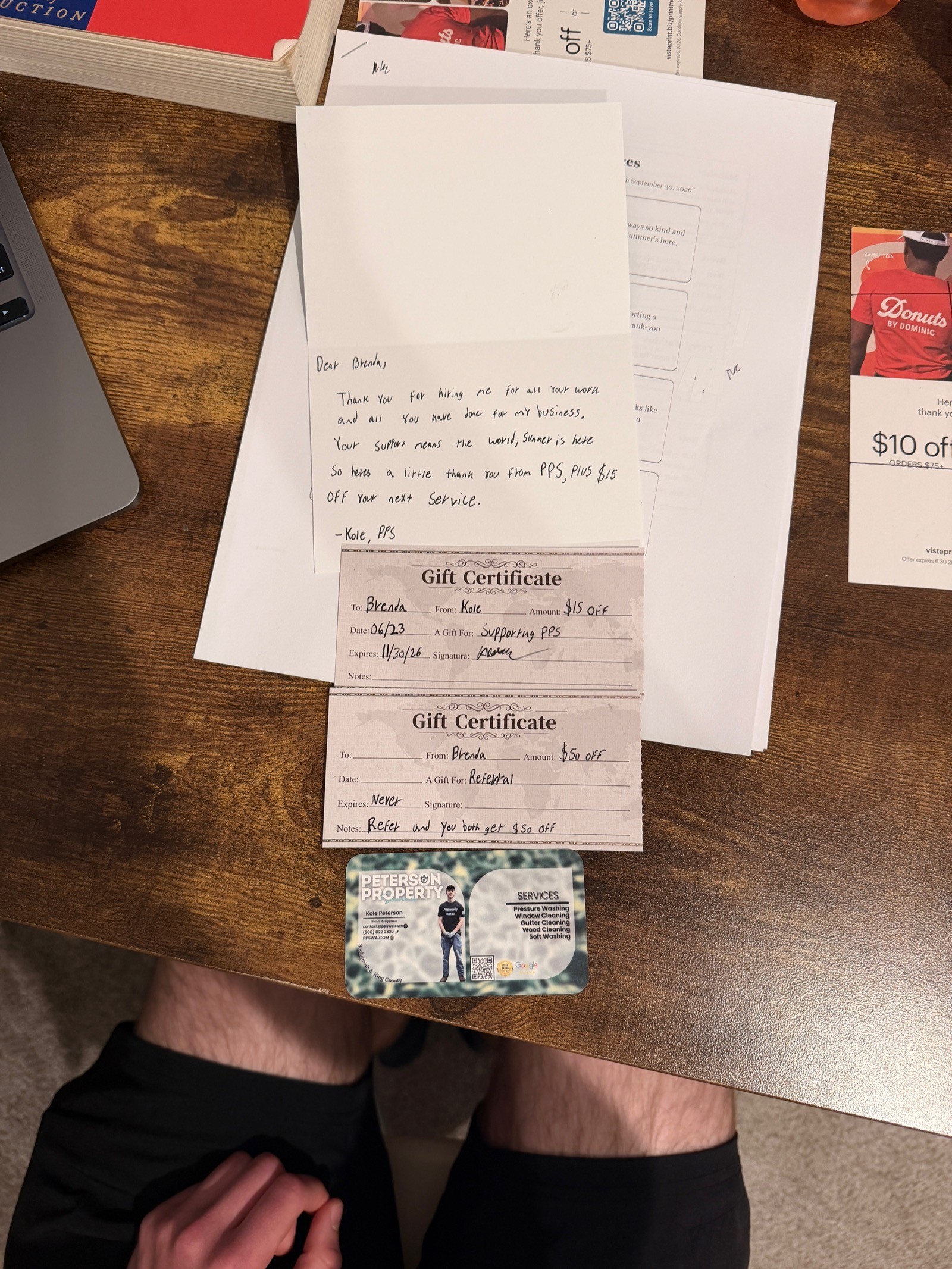 Handwritten thank-you note and gift certificate from Peterson Property Services' summer client appreciation gift box