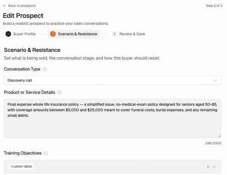 Kendo Edit Prospect screen, step 2, with the conversation type set to a discovery call, the product details and the training objective fields.