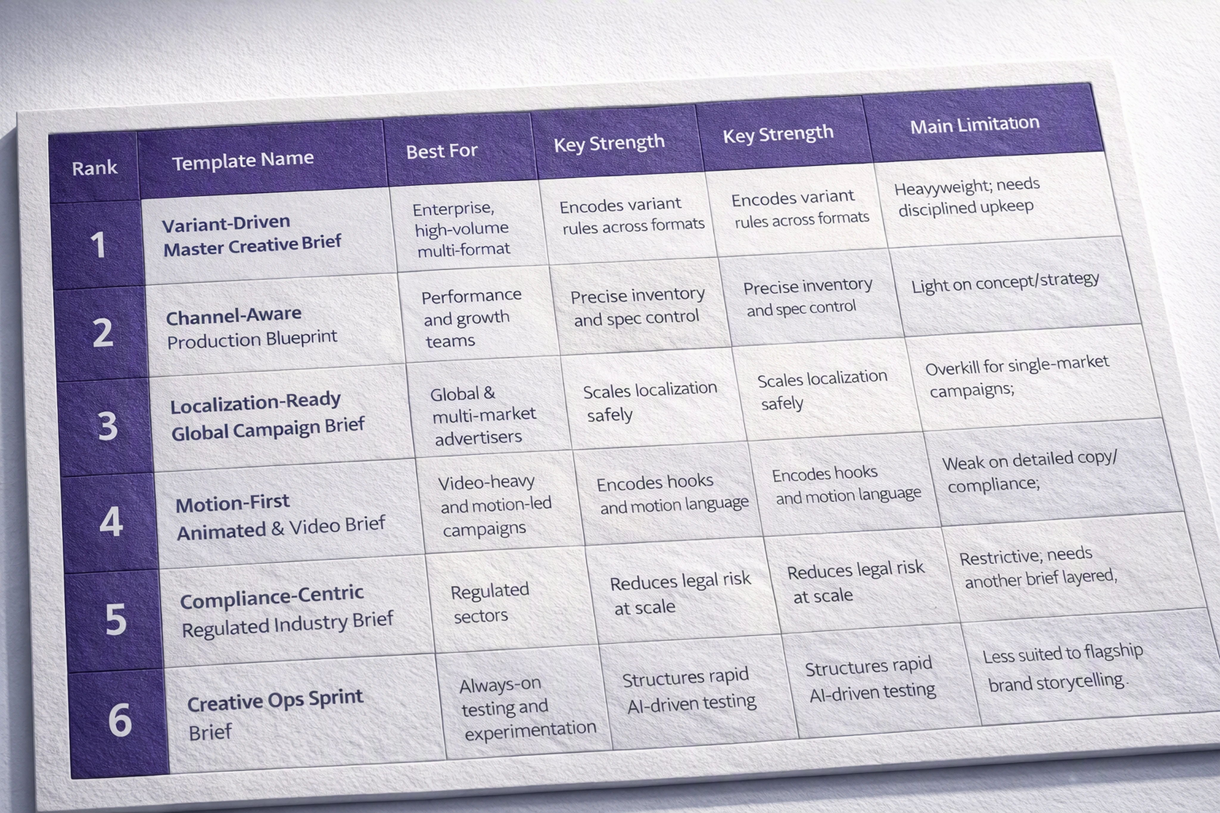 Comparison table summarizing six creative brief templates for automated ad production.