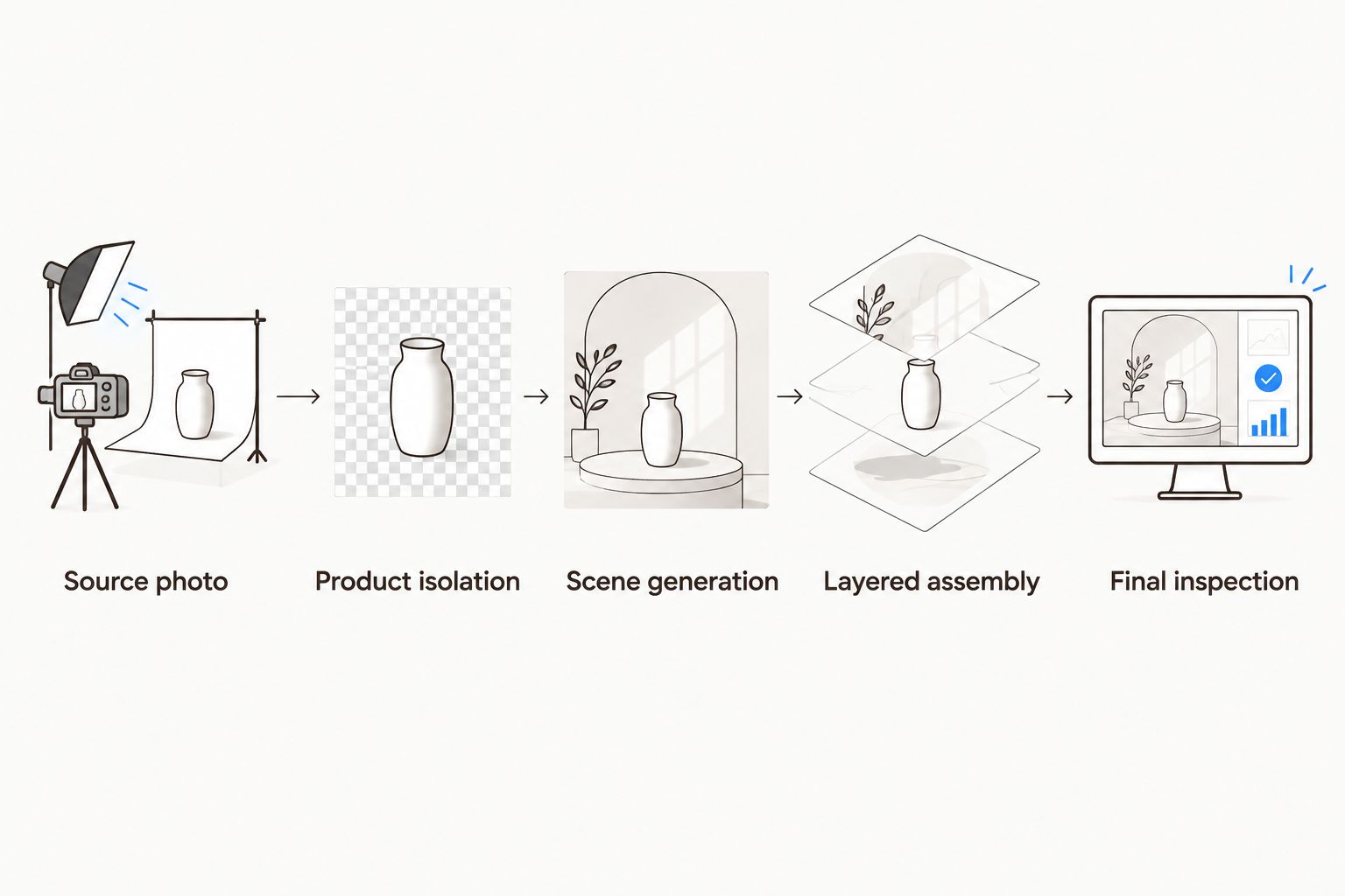 Product photography workflow from source photo through scene generation, layered assembly, and final inspection.