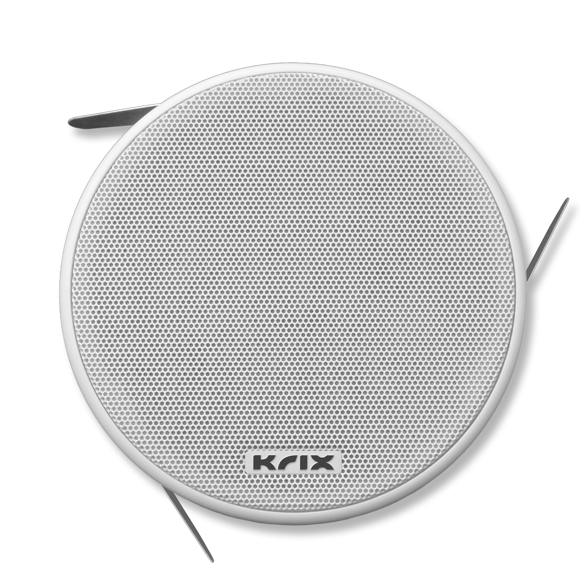 KRIX logo on a white, round speaker grill.