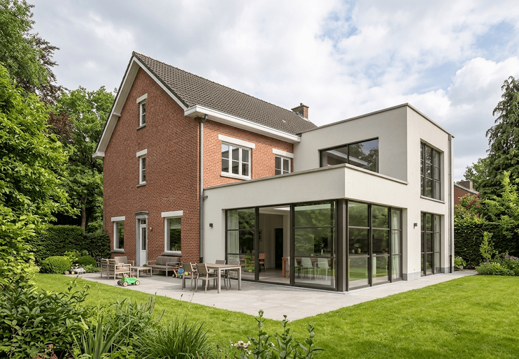 Extension moderne réalisée sur une maison familiale à Lasne avec nouvelle pièce de vie ouverte sur le jardin.
