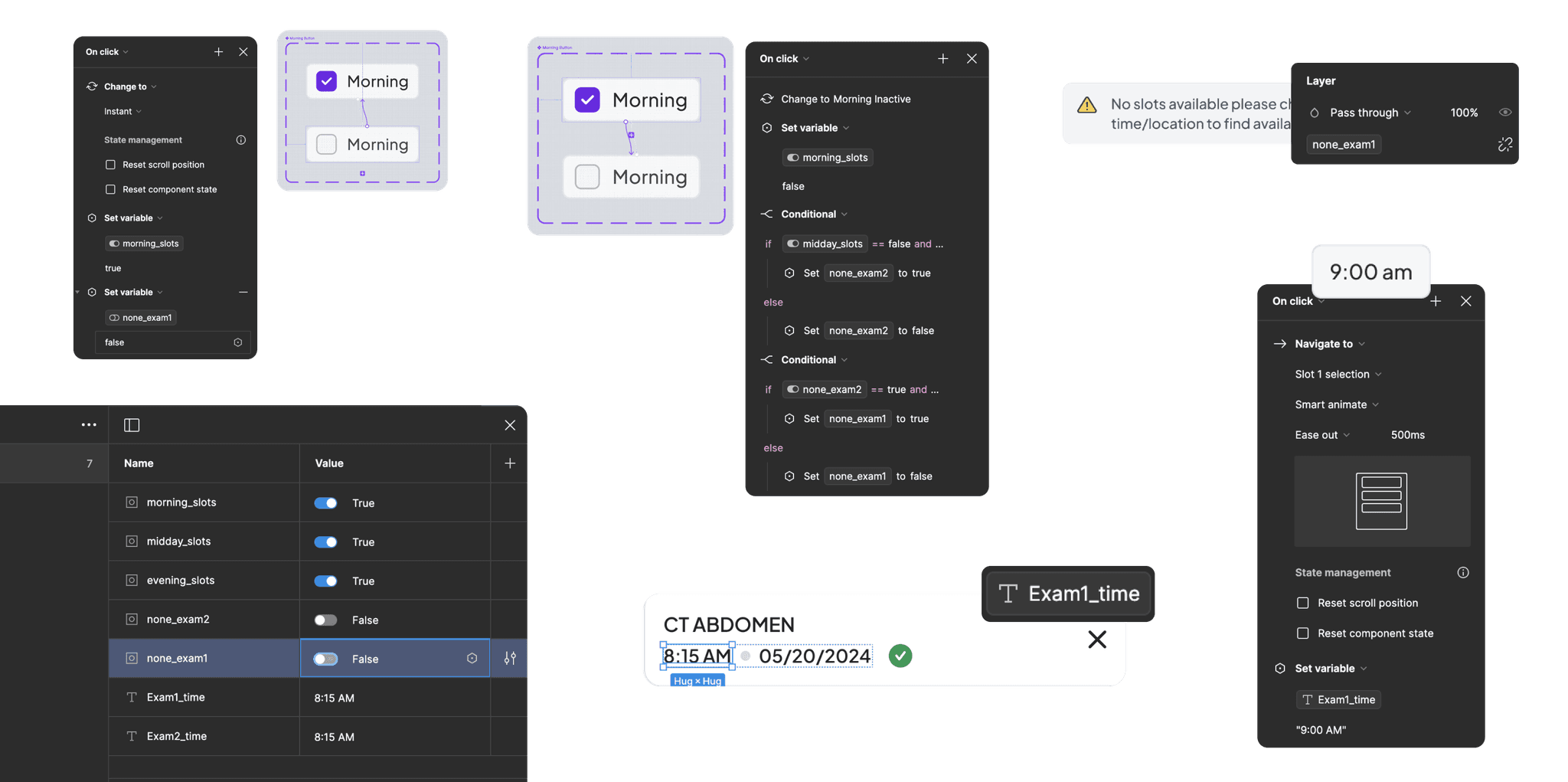 Different element of figma showcasing how I have used variable logic for advance prototyping