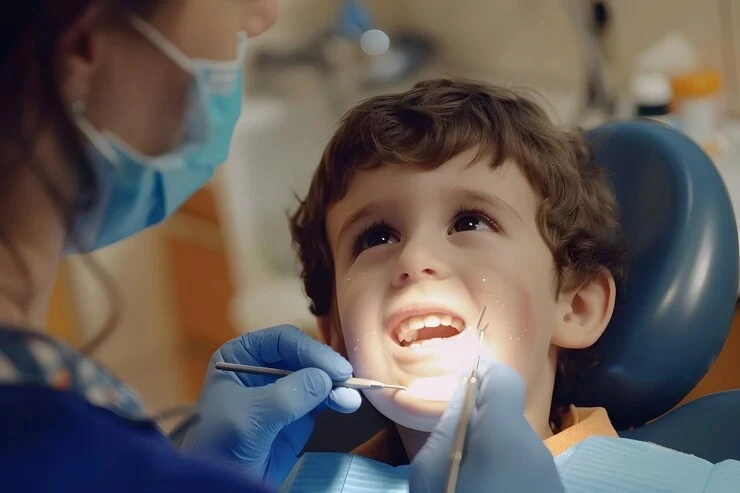 Young boy sitting in a dental chair receiving a pediatric dental checkup.