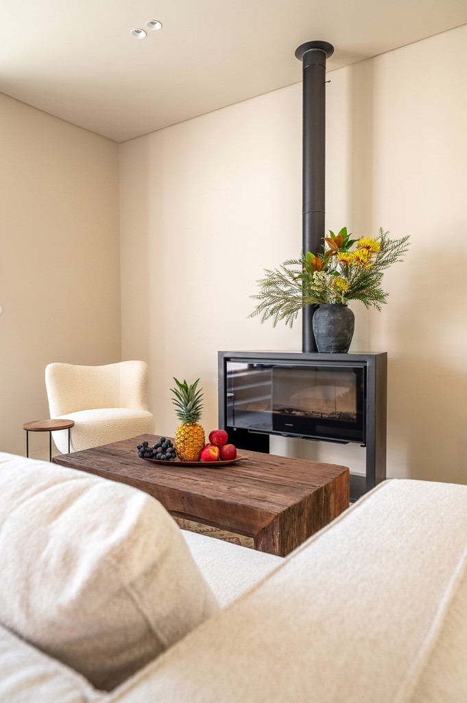 Living room with fireplace and cozy seating