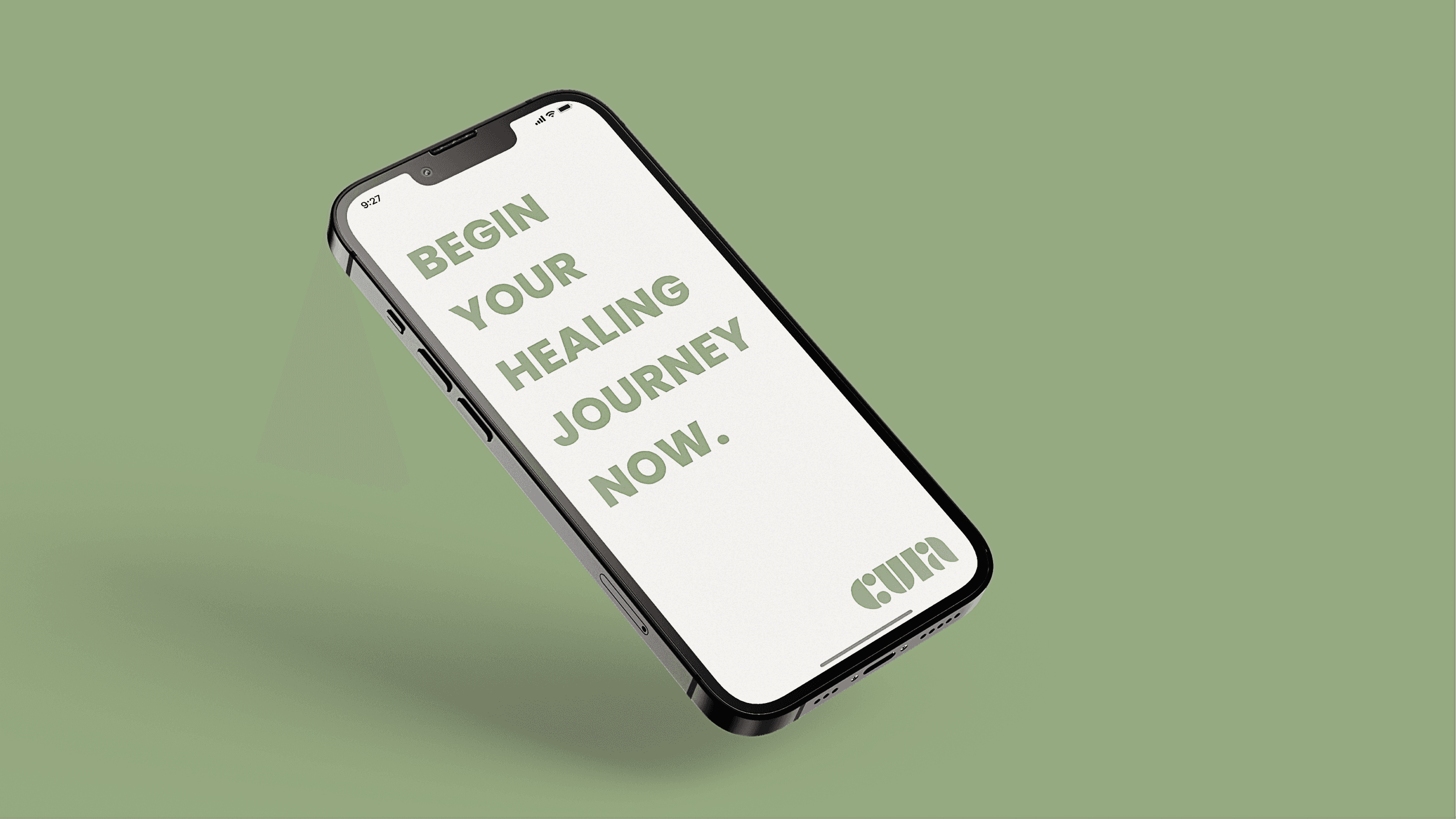 A black smartphone with a white screen displays the text “BEGIN YOUR HEALING JOURNEY NOW.” in green letters. The word “CUUU” is visible in the bottom right corner. The phone is angled slightly against a light green background.