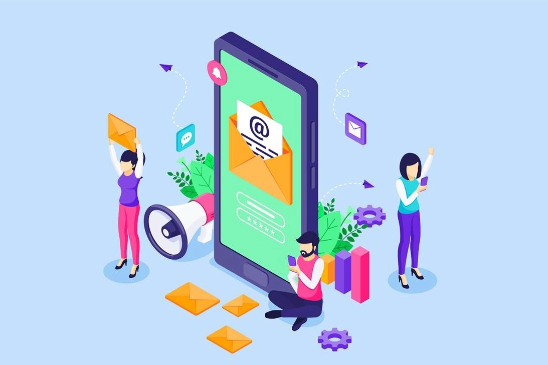 Isometric illustration of three people surrounding a large smartphone displaying an email signup screen, with envelopes, a megaphone, and analytics bars representing creator outreach campaigns