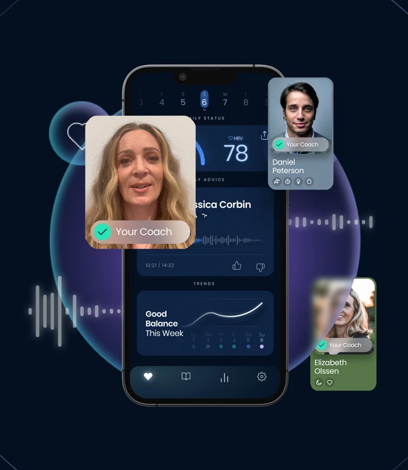 SORCE HealthTech B2B SaaS mobile app UI animation showing coach video cards and health metrics on smartphone mockup