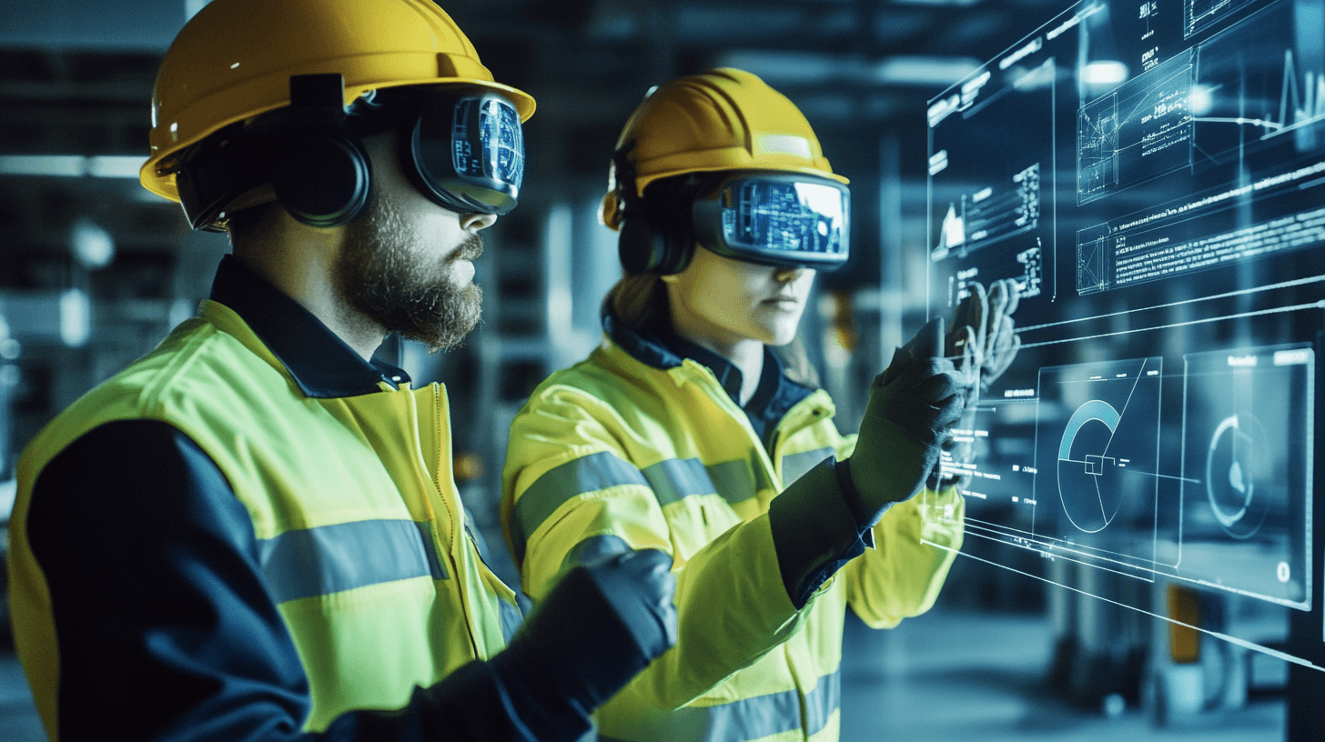 Group of professionals in safety gear reviewing VR training data on interactive dashboards to assess coordination and response performance in an industrial simulation