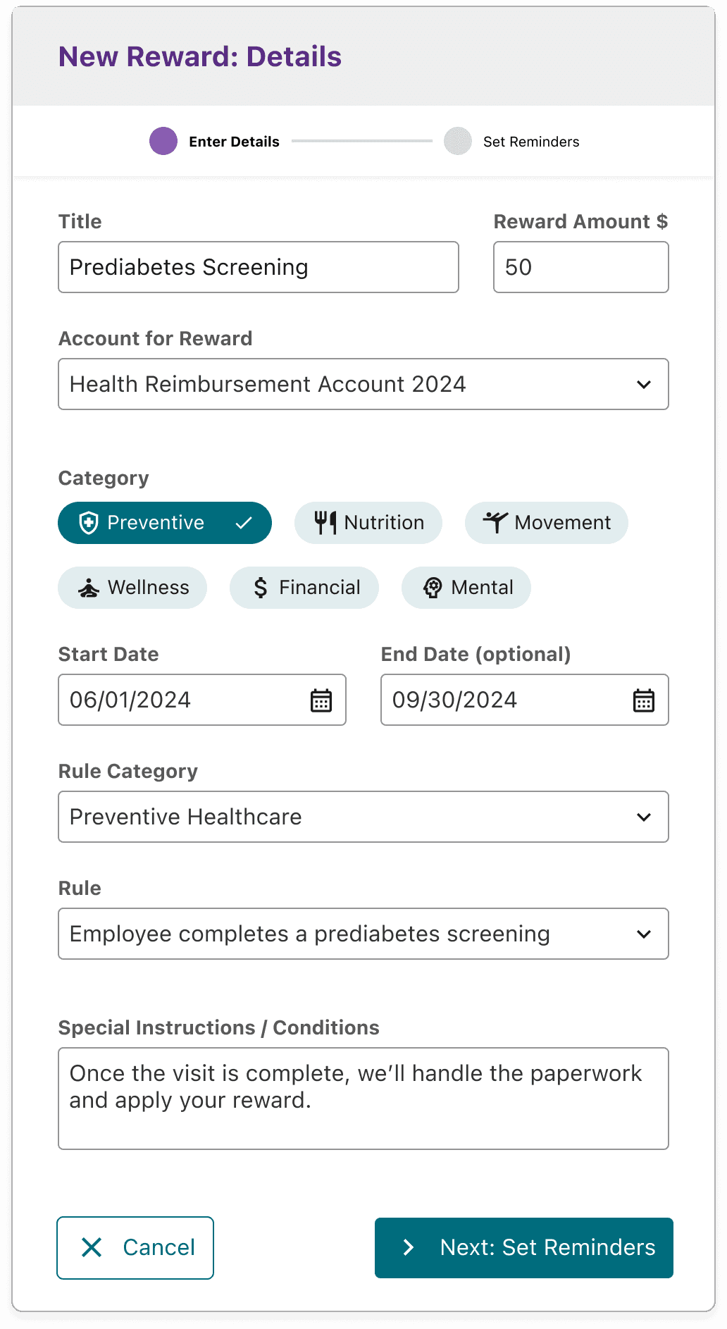 Draft design of program rewards with new reward dialog page 1 open
