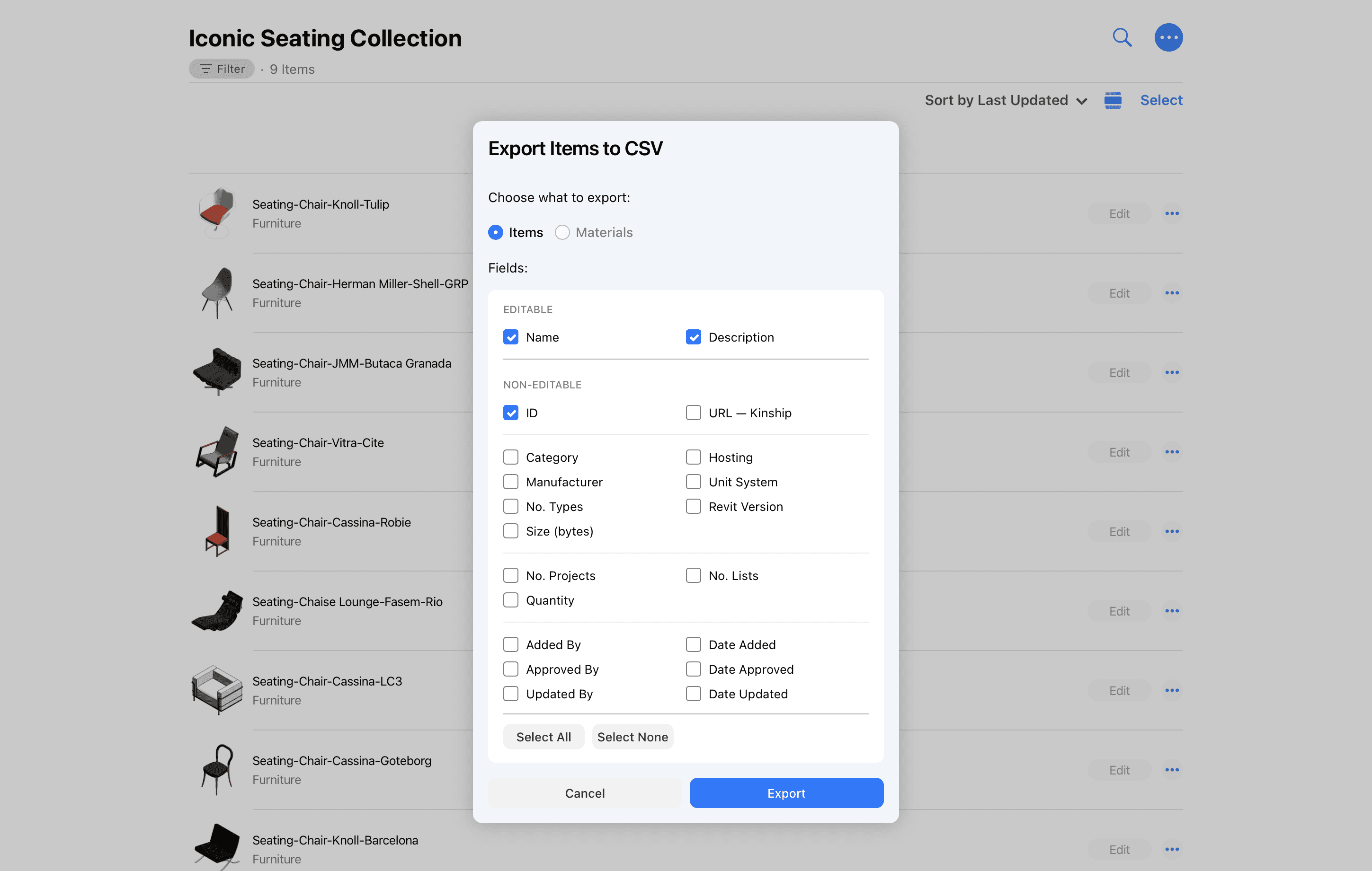 Export filtered item or material data from Kinship, with editable and non-editable fields clearly separated.