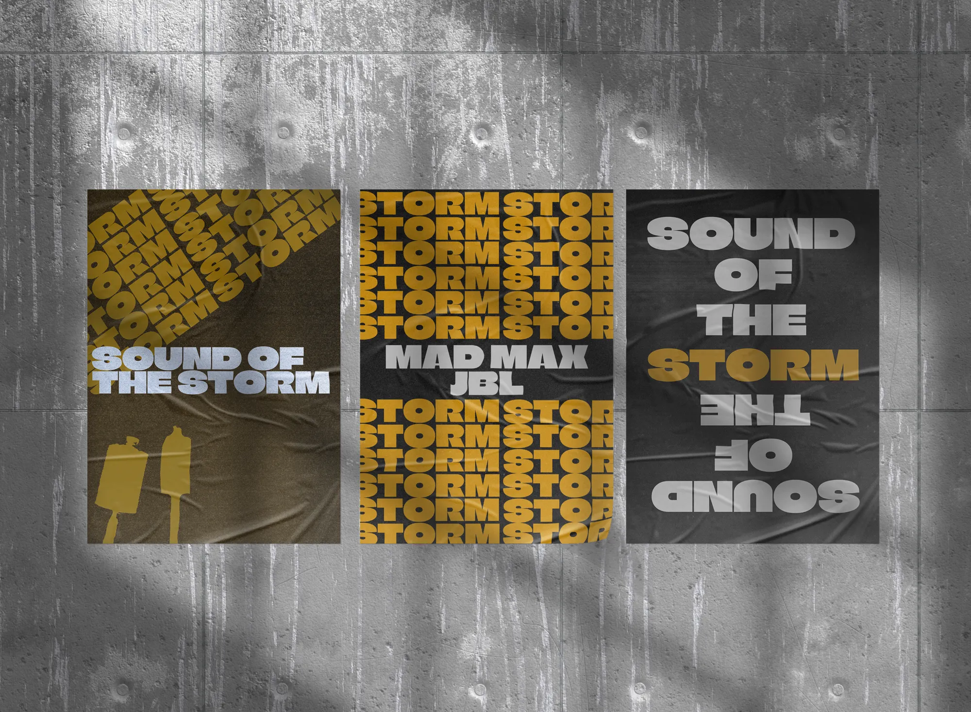 Three Sound of the Storm posters on a concrete wall